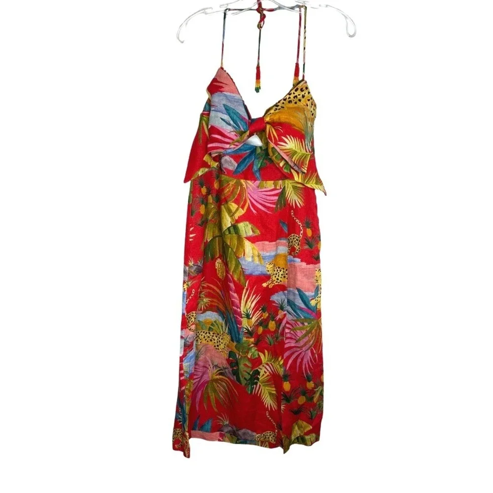 NWOT Farm Rio‎ Tropical Leopard Print Midi Dress Bow Neck Beaded Straps Size M